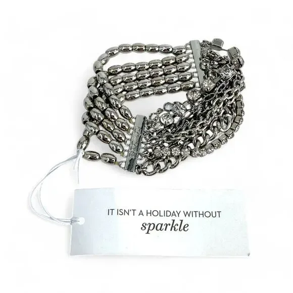 Chico’s Multi Strand Stretch Bracelet Rhinestone Chain Silver Tone Beads - Picture 2 of 5